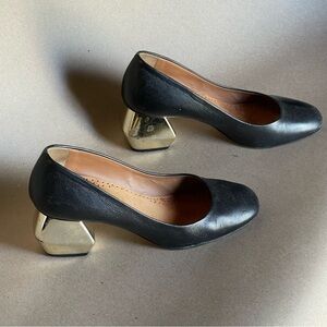 Emporio Armani Black Leather Pumps with Gold Geometric Heel